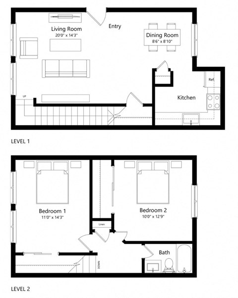 Floor plan for 2 beds, 1 bath, 925 sqft